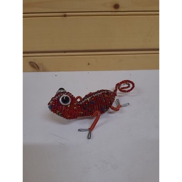 Red Beaded Wire Gecko Lizard Sculpture 5.5'' Long Chameleon Folk Are Figurine - Picture 1 of 8